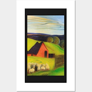 Colourful oil painting of a farm with sheep Posters and Art